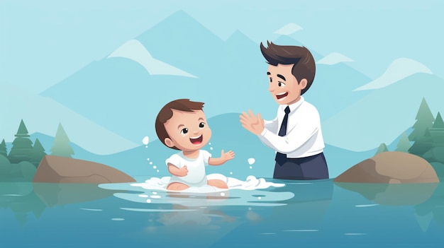 Photo a man in a suit is playing in the water with a baby in the background