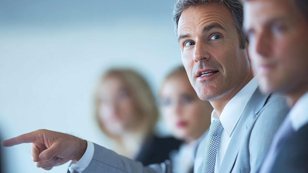 a man in a suit is pointing a finger at a screen with other people in the background