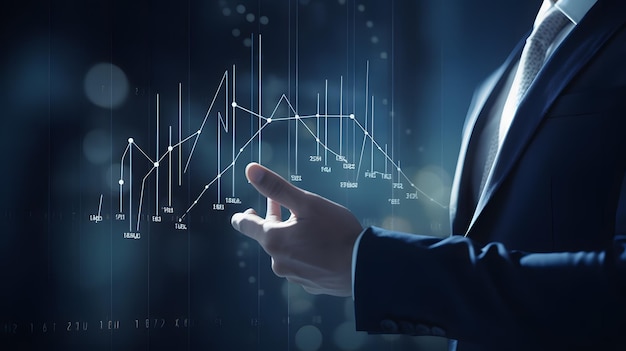 A man in a suit is pointing at a graph with the word'business'on it