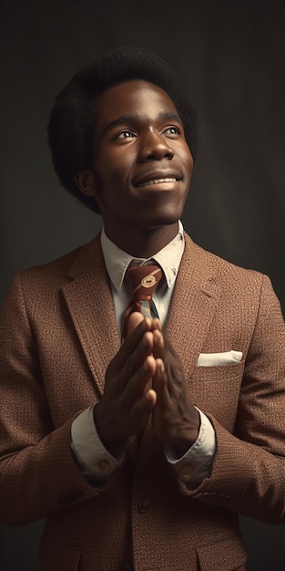 A man in a suit is praying with his hands together.