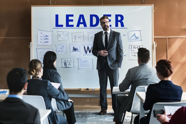 Photo a man in a suit is presenting to a group of friends