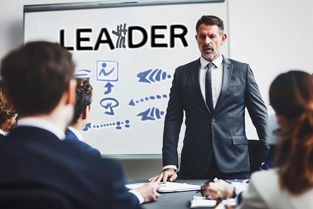 a man in a suit is presenting to a group of friends