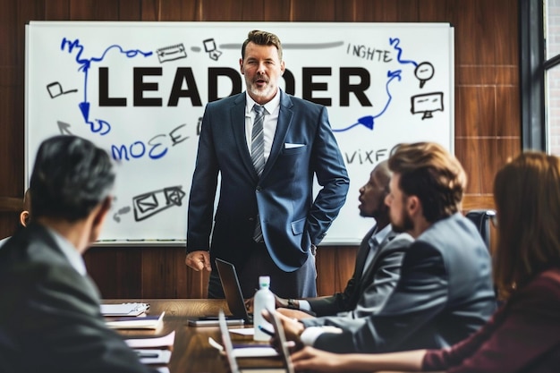 a man in a suit is presenting to a group of friends