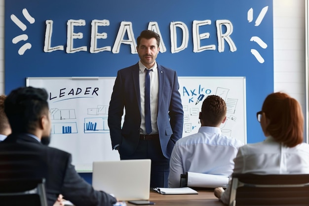 a man in a suit is presenting to a group of friends