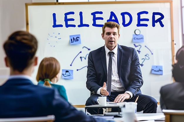 a man in a suit is presenting to a group of friends