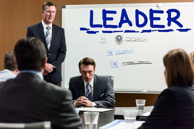 a man in a suit is presenting to a group of friends