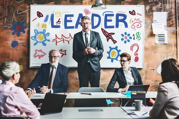 a man in a suit is presenting to a group of friends