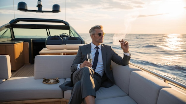 a man in a suit is sitting on a boat with a glass of champagne