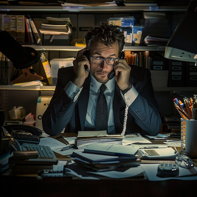 a man in a suit is sitting chair at a desk with a phone in his hand