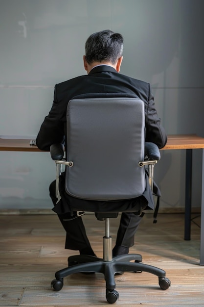 A man in a suit is sitting in a chair at a desk