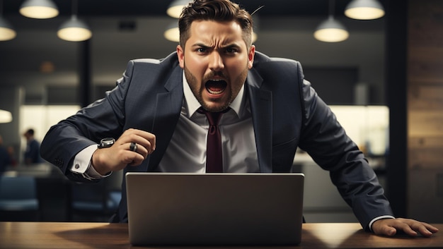 man in a suit is sitting at his desk looking at his laptop