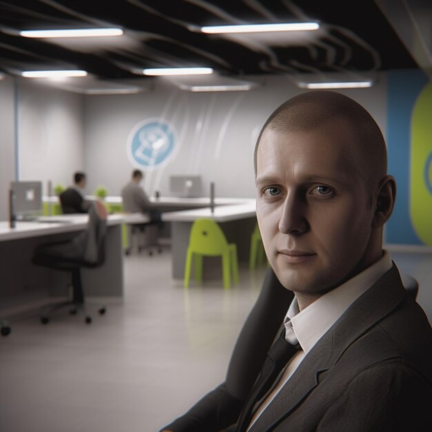 A man in a suit is sitting in a room with a green and blue logo on the wall.