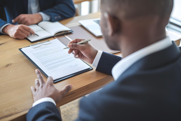 Photo a man in a suit is sitting at a table with his hands