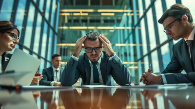 Photo a man in a suit is sitting at a table with his head in his hands