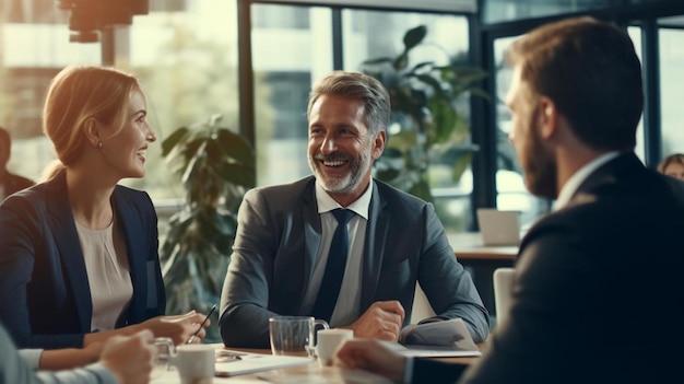 Photo a man in a suit is sitting at a table with other men