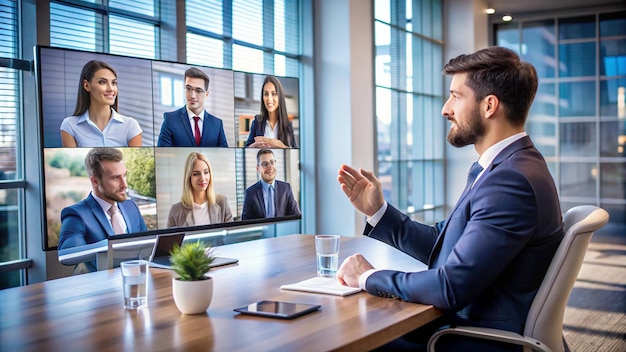 a man in a suit is sitting at a table with a picture of a man in a suit and a man in a suit