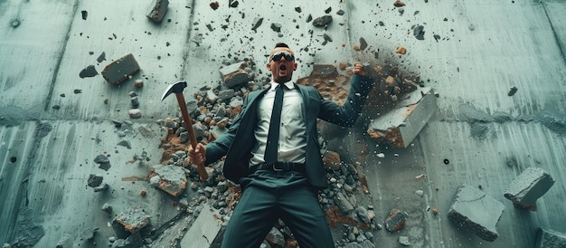 Photo a man in a suit is smashing a wall with a hammer