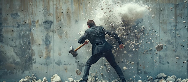 Photo a man in a suit is smashing a wall with a hammer