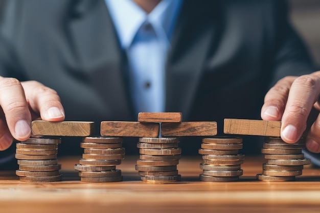 A man in a suit is stacking coins with a wooden block