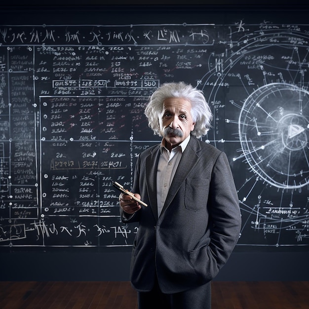 Photo a man in a suit is standing in front of a blackboard with the words quot science quot on it