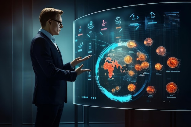 a man in a suit is standing in front of a large screen with the words  earth  on it