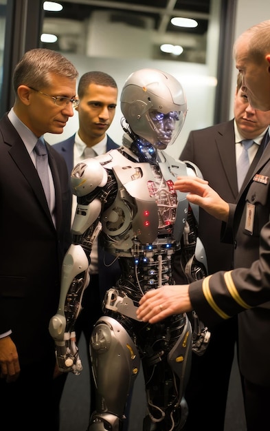 Photo a man in a suit is standing next to a robot