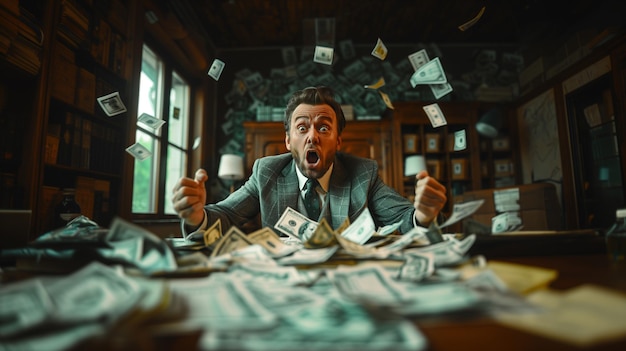 A man in a suit is stunned by the falling money around him in his office