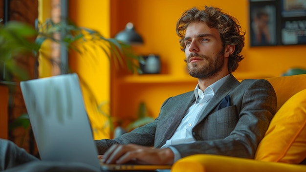 a man in a suit is using a laptop and a yellow background