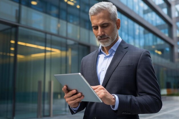 Photo a man in a suit is using a tablet with a glass window behind him