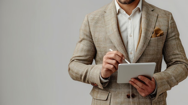 a man in a suit is using a tablet with a pen