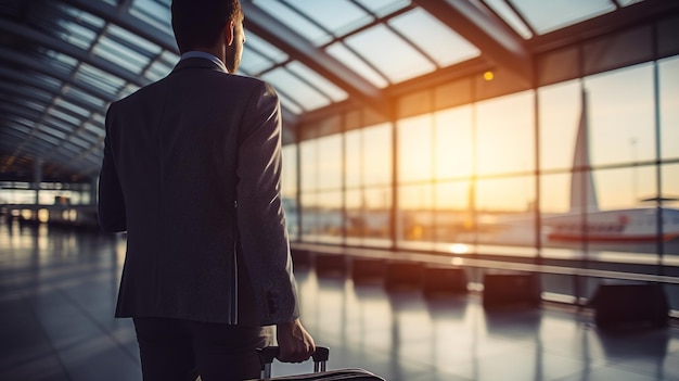 A man in a suit is walking through an airport terminal with a suitcase