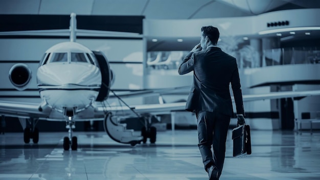 Photo a man in a suit is walking towards a plane and talking on the phone