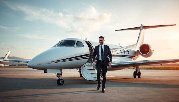 a man in a suit is walking towards a plane