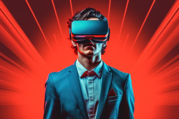 The man in the suit is wearing a vr headset in the style of light cyan and red neon art nouveau i