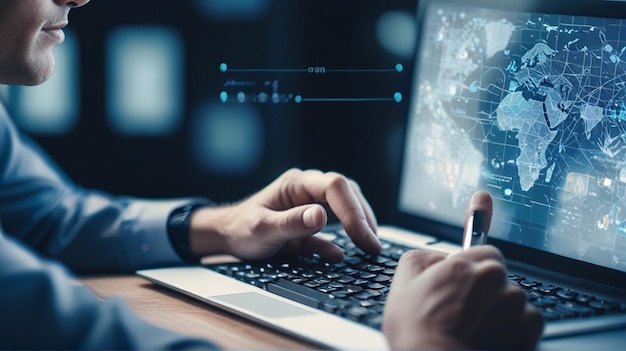 a man in a suit is working on a computer with a graph on the screen