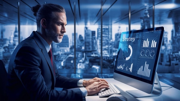 a man in a suit is working on a computer with a graph on the screen