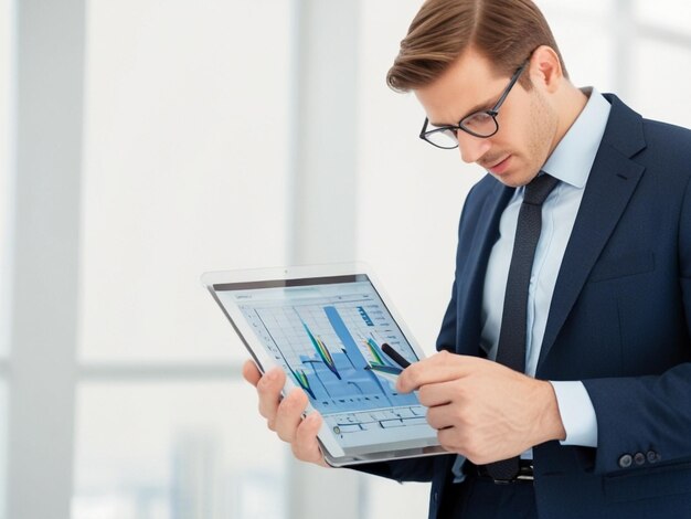 a man in a suit is working on a computer with a graph on the screen