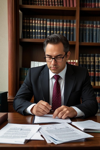 a man in a suit is writing in a notebook with a red tie