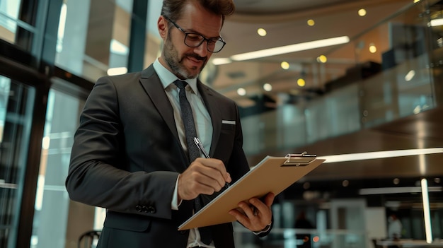 a man in a suit is writing with a pen in his hand