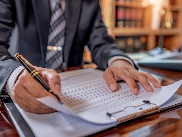 Photo a man in a suit is writing with a pen on a piece of paper