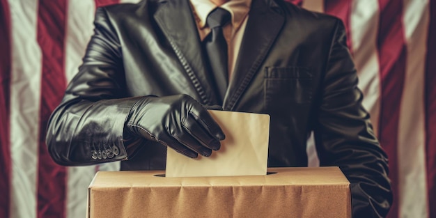 Man in Suit Jacket Casting Ballot in Front of American Flag