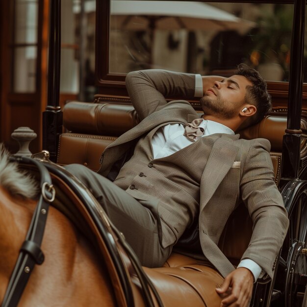 Photo man on a suit laying on a horse carriage with headphones