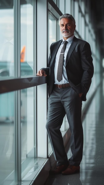 Man in a Suit Leaning Against Glass Wall