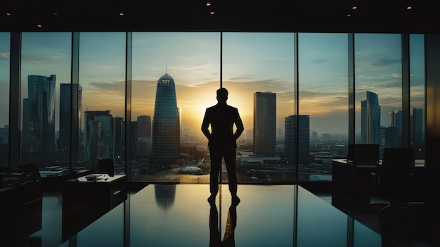 A Man in a Suit Looking Out at a City Skyline During Sunset