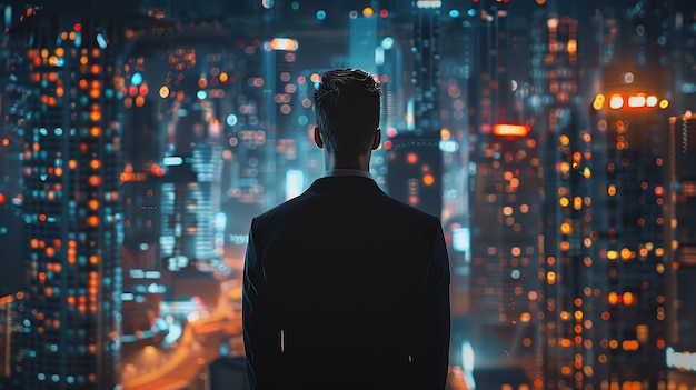 Man in Suit Looking Out at Night City Lights