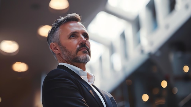 Photo a man in a suit looking up with his arms crossed