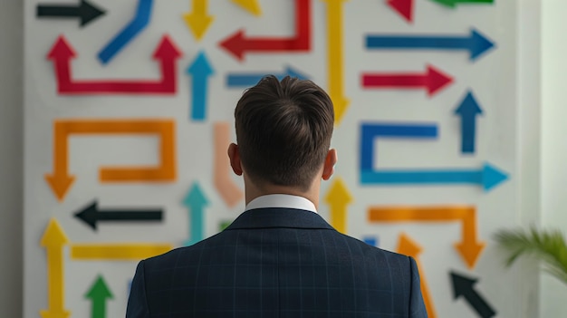 Photo man in a suit looking at a wall with colorful arrows representing decision making and choices