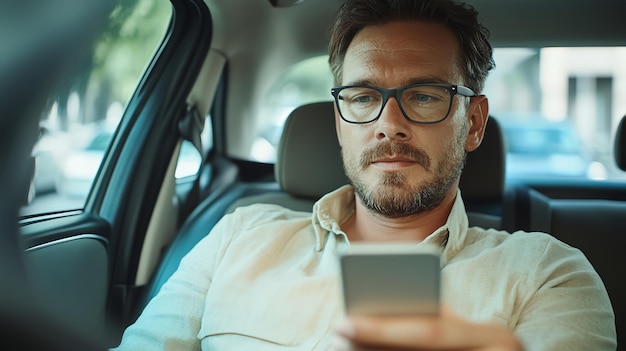 A man in a suit looks at his phone while sitting in the back seat of a car