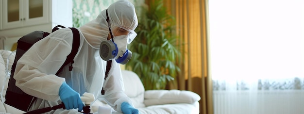 a man in a suit and mask cleans the house from insects