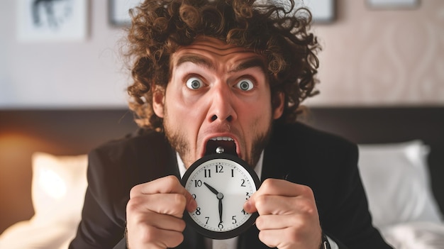 Photo a man in a suit middleaged sitting on a made bed holding an alarm clock and shouting in panic for being late to work